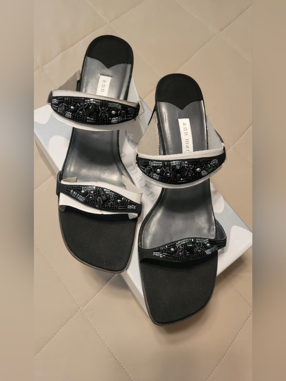 Vintage Y2K Ann Marino Beaded Slide Sandals Black White Square Toe Sz 10 NIB